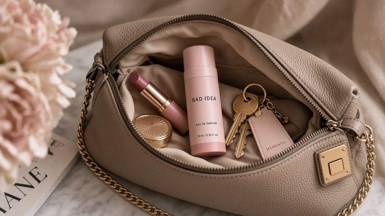 Bad Idea Alarm in Signature Rose in an open bag — legal UK personal alarm